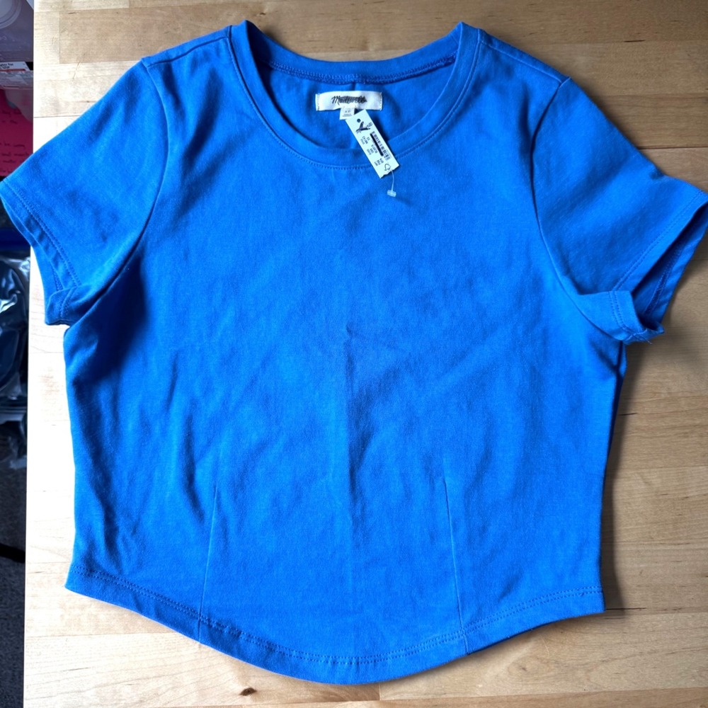 NEW Madewell Blue Cropped Curved Hem Crewneck Tee XS